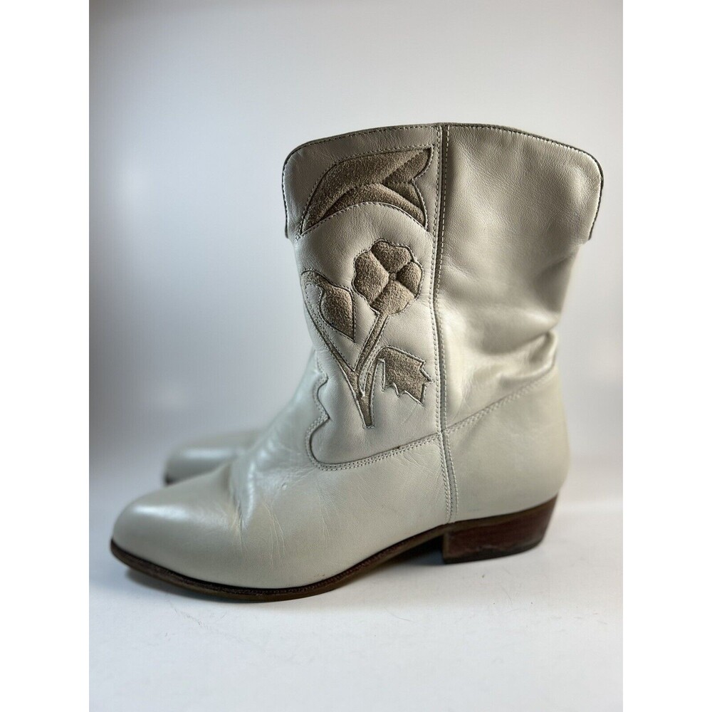 Vintage Footworks Womens Short White Cowgirl Trigger Boots Floral Pattern Sz 5.5